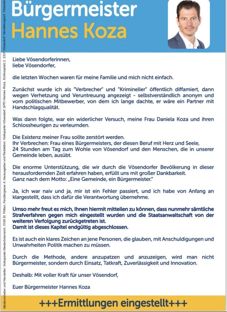 Wer im Betrieb eine Rechnung fälscht, fliegt hochkant. Bürgermeister Koza hat mehr Glück und kommt mit einer Diversion davon. In Vösendorf verteilt er diesen Flyer und sieht sich als größtes, vorstellbares Opfer. Die geschädigten Bürgerinnen und Bürger sind dabei die Dummen.