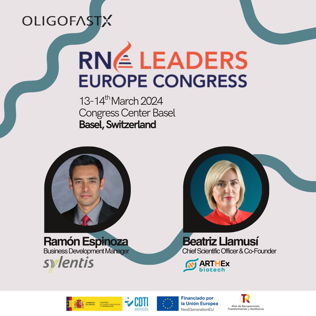 📆 Today starts the @RNALeaders #congress where our partners #sylentis and @Arthexbiotech will be sharing their advances in #oligonucleotide-based #therapies 🧬 Stay tuned to our networks. 👁
📌 oligofastx.com 
#funded byCDTI