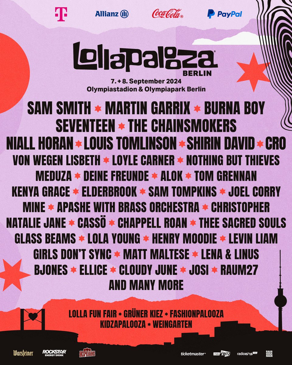 ✨Lollapalooza Berlin 2024 ✨ &amp; we’re ready to party it up w/ this beauty of a lineup 💖 With us this year: Sam Smith, Burna Boy , Martin Garrix, Seventeen, The Chainsmokers , Niall Horan, Cro , Shirin David &amp; many more 🍭  
Tag, who you’re going with! TICKETS ON SALE NOW: