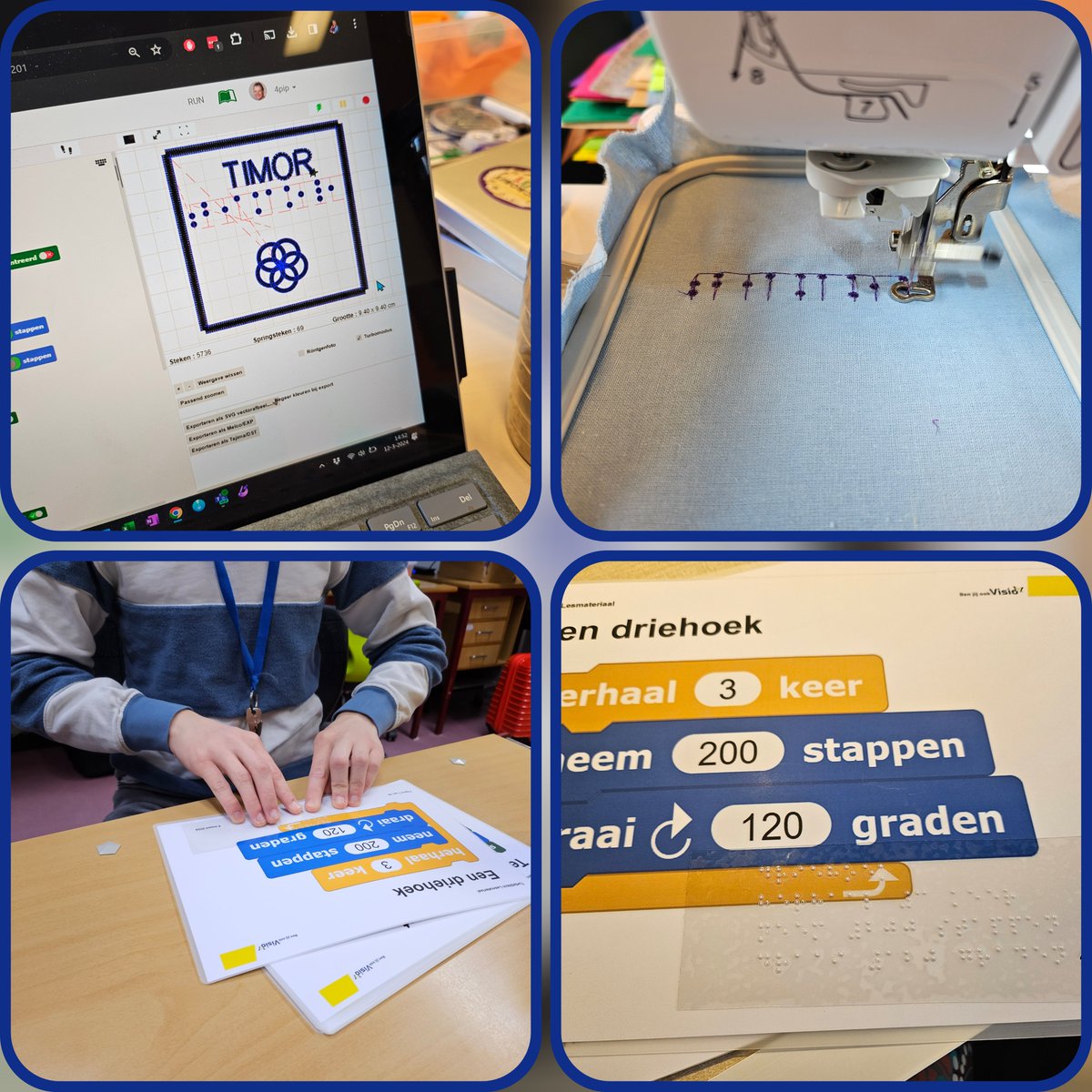 Gisteren een nieuwe stap met de #turtlestitch lessen op mijn school @konvisio #Braille op basisblokken gezet zodat de leerlingen een idee krijgen hoe de code is. En via @SnapCloud had ik een bestand gekregen om #braille te borduren. #computationalthinking #watkanwel