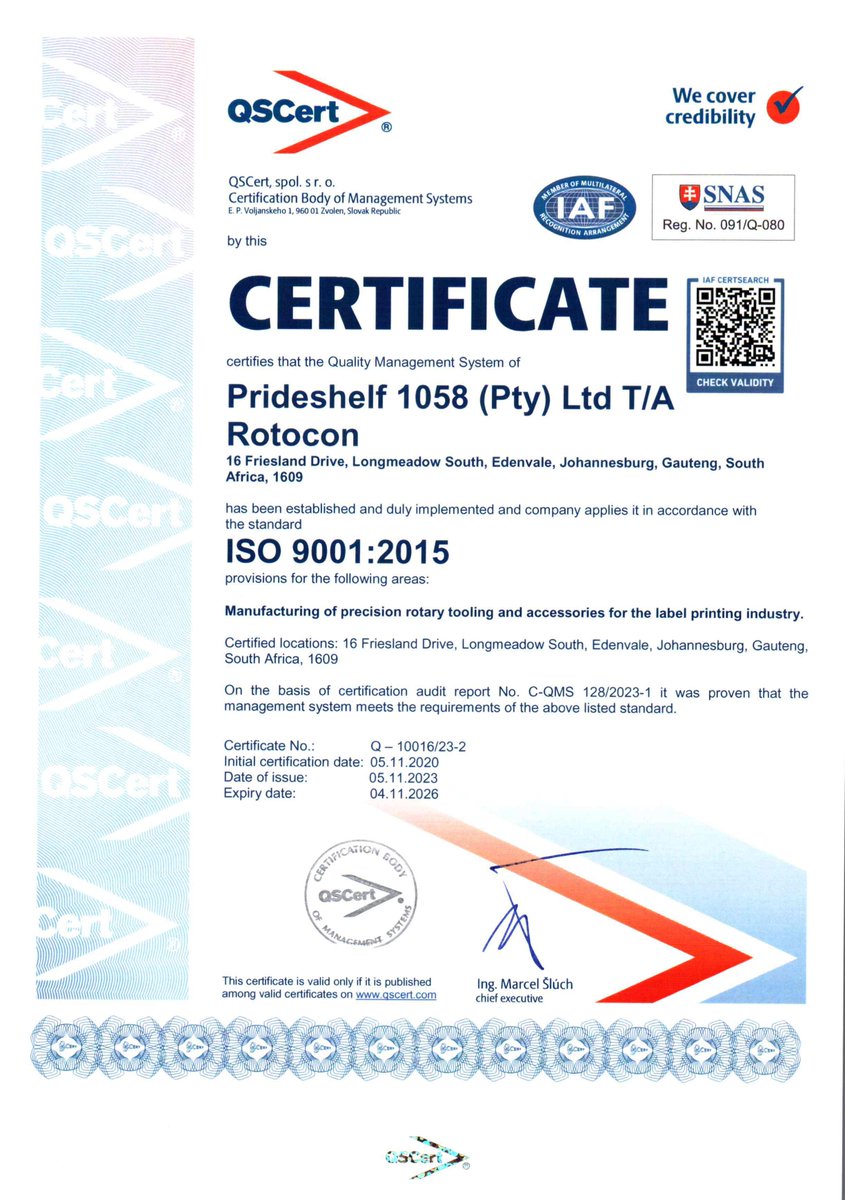 ROTOCON_'s tweet photo. We take quality control seriously.

Our Johannesburg facility is in accordance with the standard ISO 9001:2015 in manufacturing precision rotary tooling and accessories for the label printing industry.

#ROTOCON #ISO9001 #QualityFirst #PrintingIndustry https://t.co/P9lEuN7tGx