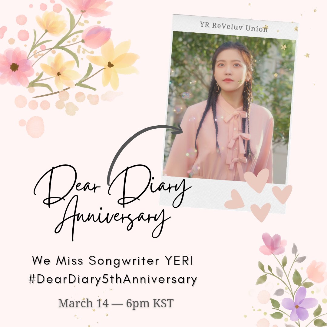 ✨️DEAR DIARY Anniversary: Hashtag Event 💜

It will be 5 years since this masterpiece came into our lives. Together let's celebrate Dear Diary anniversary💕

💬We Miss Songwriter YERI
#️⃣.DearDiary5thAnniversary
🗓 March 14, 6 pm KST

#YERI #예리 #레드벨벳 #RedVelvet #KIMYERIM