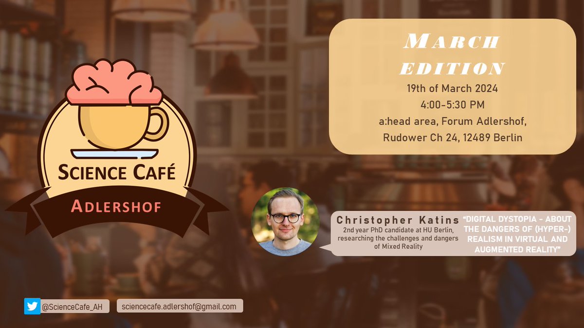 Science Café Adlershof (@sciencecafe_ah) on Twitter photo #sciencecafe_ah is happening again: next week March 19th @chris_katins from <a href="/HumboldtUni/">Humboldt-Universität zu Berlin</a> will talk about his research on #mixedreality.
Ever wanted to talk to someone who really knows about virtual and #AugmentedReality? Come by, have a drink and ask your questions! #scicomm #sciencecafe_ah is happening again: next week March 19th @chris_katins from <a href="/HumboldtUni/">Humboldt-Universität zu Berlin</a> will talk about his research on #mixedreality.
Ever wanted to talk to someone who really knows about virtual and #AugmentedReality? Come by, have a drink and ask your questions! #scicomm