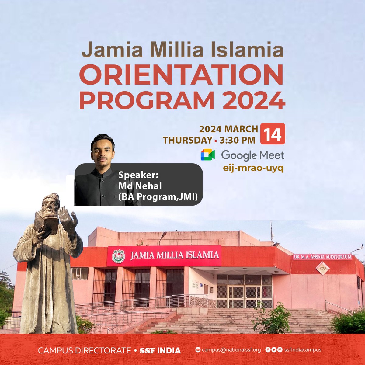 ssfjamia's tweet photo. Jamia Millia Islamia Orientation Programme 2024
_"Excited to kick off your Jamia Millia Islamia journey!._✨
#JMIOrientation
#NewBeginnings

🗓️March 14, 2024, Thursday 
🕑3:30 PM

Medium: Hindi/Urdu

Google meet link:- https://t.co/sqbsWwSGK6
Meeting I'd:- eij-mrao-uyq https://t.co/sjYJhQ1sTg