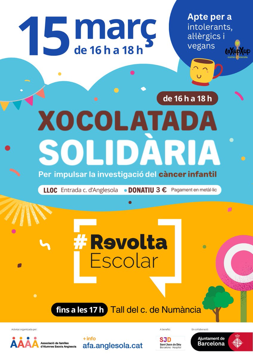 ⚠️Torna la Revolta escolar i la Xocolatada Solidària
📢 divendres 15/3  de 16 a 17h el carrer de Numància estarà obert a les persones per a què puguem gaudir d'aquest espai. 👭👨🏻‍🤝‍👨🏾👩🏽‍🤝‍👨🏼

I què millor que trobar-nos tots i totes a Numància per a gaudir d'una 🍫 xocolatada solidària.