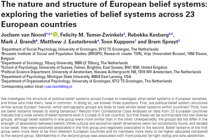 jochemvnoord's tweet photo. 🏁New paper @ESR_news! We explore, with correlational class analysis, the variaties of belief systems across 23 European countries. We investigate differences in density, dimensionality, demography, and relation to voting behavior

https://t.co/giFXZ2safY https://t.co/2vTDxmG38n