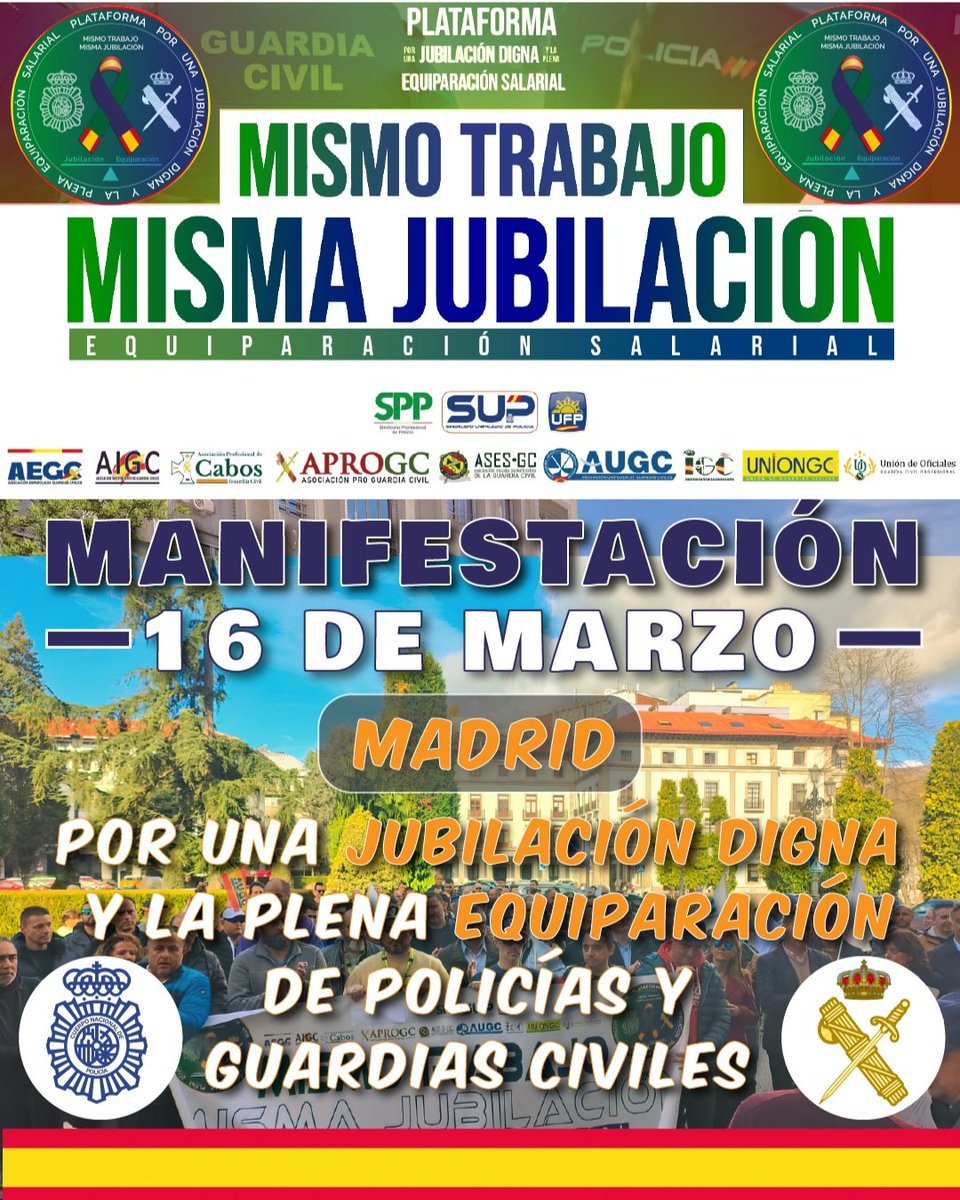 Llenaremos las calles de #Madrid el #16Marzo
La marea verde y azul gritará con una sola voz para que el #Gobierno vea nuestra fuerza
Por la
#JubilacionDignaGCyPN 
#ProfesiónDeRiesgo 
Y Plena #EquiparaciónSalarial 
Queremos lo mismo que el resto de Policías
Basta de discriminación