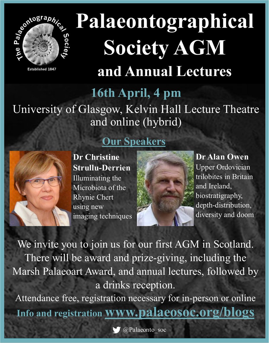 🚨AGM + Annual Lectures 2024🚨 We'd love to see you in #GLASGOW on 16th April, 4pm! We have two amazing speakers lined up, and awards incl. the inaugural Marsh #Palaeoart Award. All are welcome. Registration and info on our website palaeosoc.org/latest-news/ag…