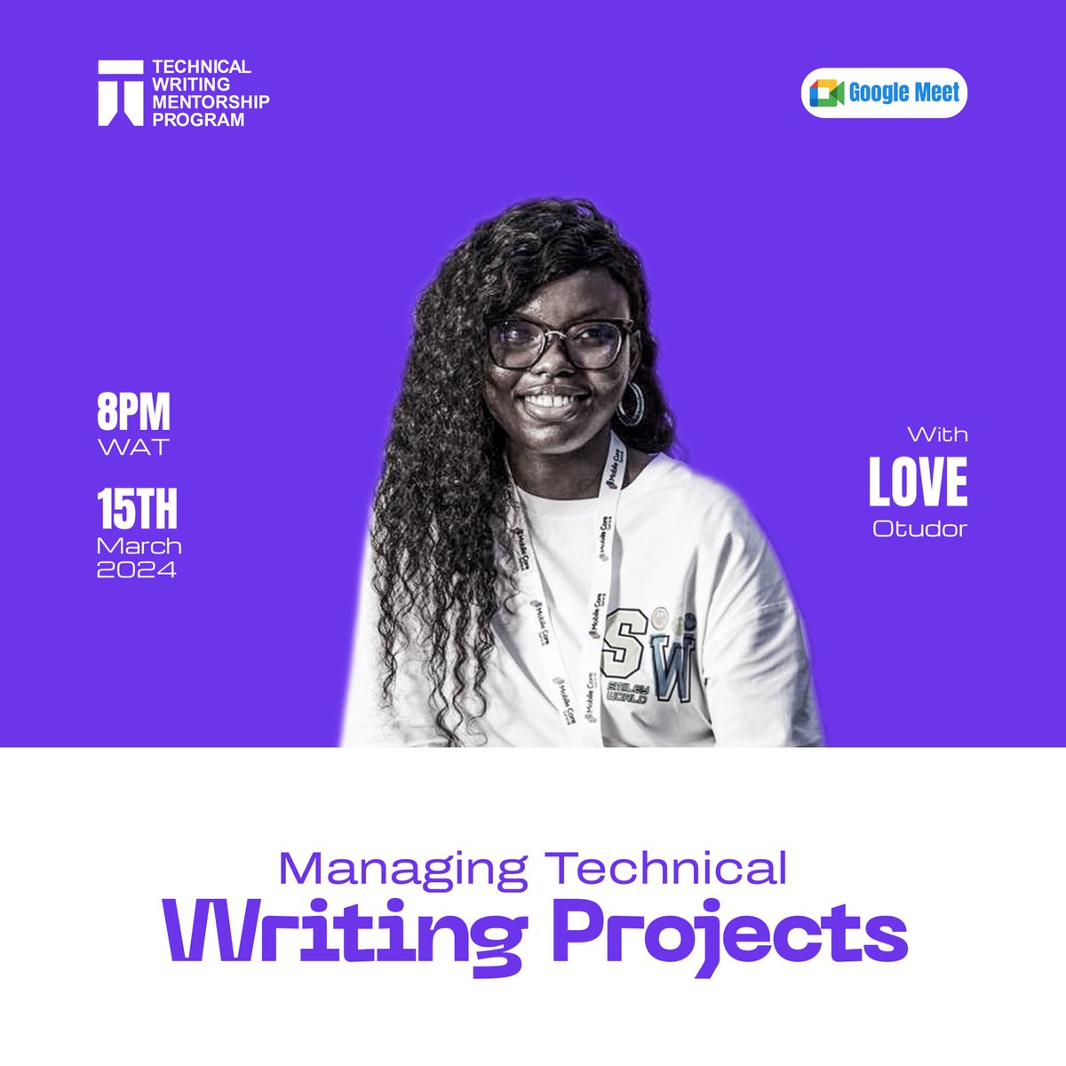 Hello great cohort 3 mentees 🥳🥳

This Friday is the another day for an amazing session. Get ready for a great enlightening session with @lamoureSparus this Friday, the 15th of March 2024 at 8pm WAT. 🚀

#twmp2024 #technicalwriting #mentorship