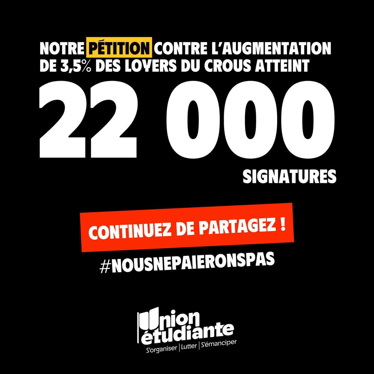 ✊ Notre pétition contre l'augmentation de 3,5% des loyers des logements CROUS a atteint 22 000 signatures ! Contre cette attaque de Macron, on se mobilise pour empêcher que les étudiant·es paient son inaction.

➡️ change.org/NousNePaierons…

#Nousnepaieronspas