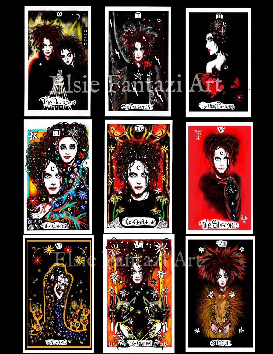 ElsieFantazi's tweet photo. Here are some of my tarot cards that I am reasonably happy with for my #thecure tarot deck that I am very busily designing. 

41 done!

#RobertSmith @RobertSmith #tarot #art #RogerODonnell #PearlThompson #SimonGallup #Philthornalley #tarotart https://t.co/liJz63G0pi