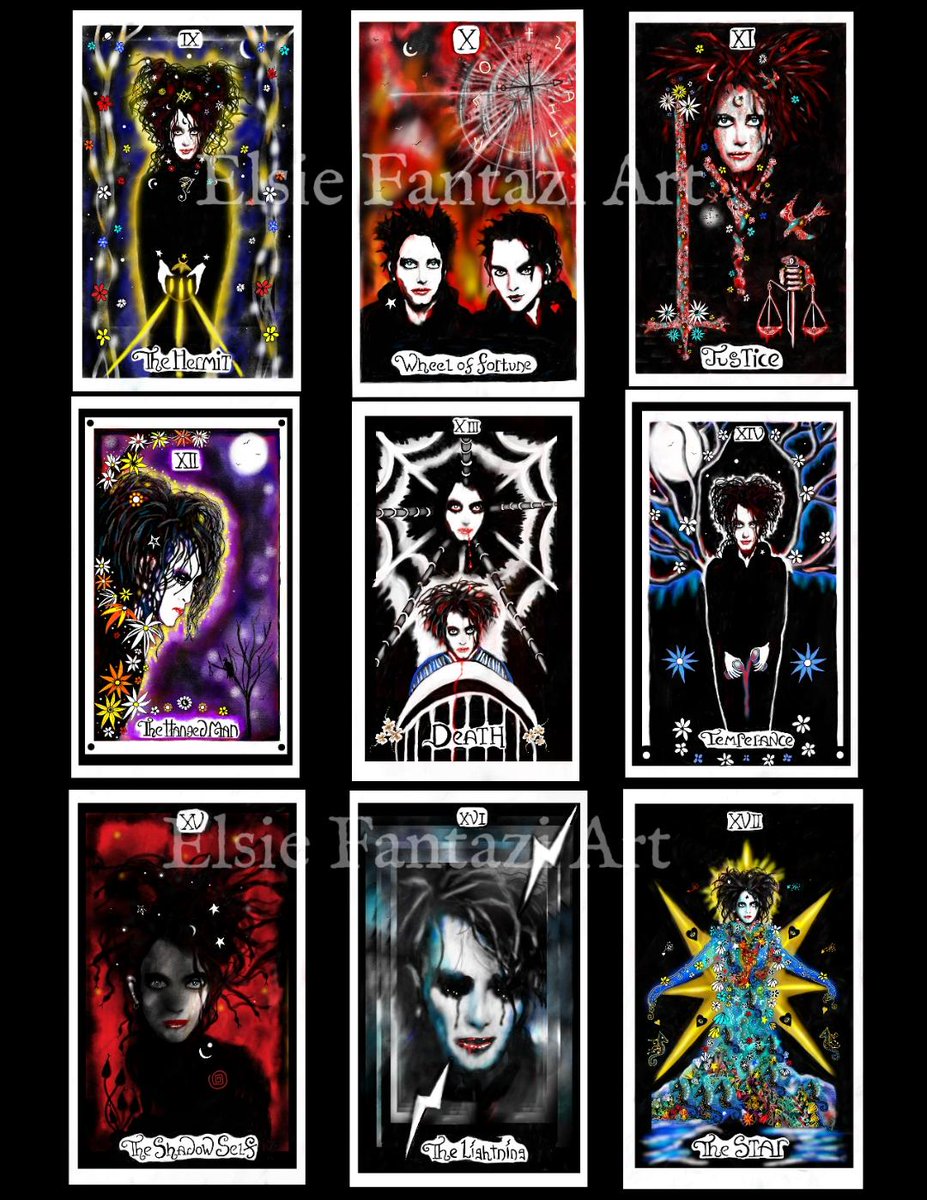 ElsieFantazi's tweet photo. Here are some of my tarot cards that I am reasonably happy with for my #thecure tarot deck that I am very busily designing. 

41 done!

#RobertSmith @RobertSmith #tarot #art #RogerODonnell #PearlThompson #SimonGallup #Philthornalley #tarotart https://t.co/liJz63G0pi