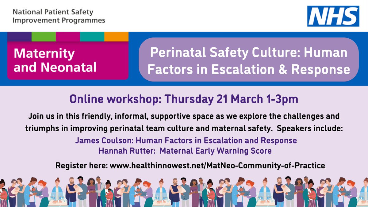 Join our next regional #MatNeoSIP #PatientSafety Network Community of Practice on Thursday 21 March. We'll be discussing perinatal safety culture and human factors in escalation and response, plus updates & guidance on #MEWS. Book here: events.weahsn.net/MatNeoSIPPatie… @HealthInSW