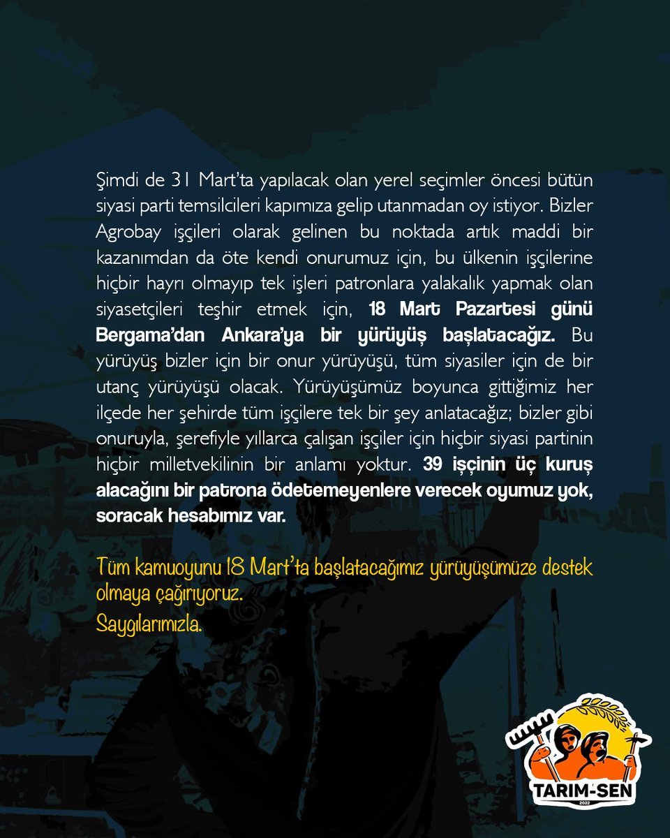 AGROBAY İŞÇİSİ KADINLAR ANKARA’YA YÜRÜYOR!

18 Mart saat 11’de Bergama'dan Ankara'ya yürüyüş başlatacak olan <a href="/tarimsendikasi/">Tarım-Sen</a> üyesi Agrobay işçilerinin sesine ses olmak için tüm emekçi halkımızı bu yürüyüşe katılmaya çağırıyoruz.