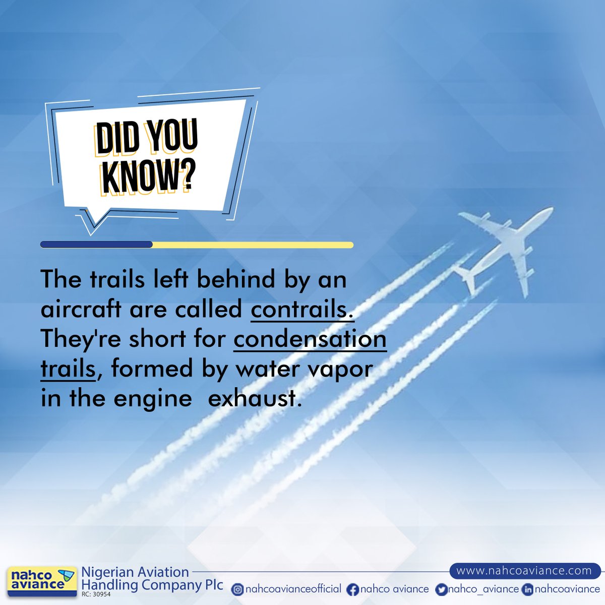 nahco_aviance's tweet photo. Ever wondered what those streaky lines planes leave behind are?
They're formed by water vapor in the engine exhaust turning into ice crystals at high altitudes.
#sciencefacts #aviationlovers #PlaneFacts #DidYouKnow #nahcoaviance https://t.co/D24iyx0kty