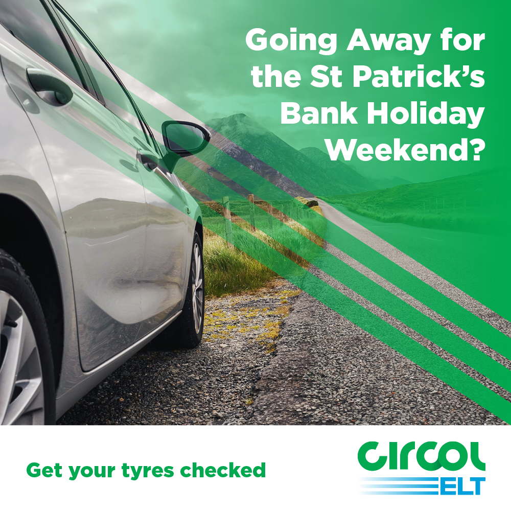 Going away for the St. Patrick’s Day bank holiday? Get your tyres checked for pressure and tread depth. Visit your local Circol ELT member today to make sure your tyres are safe before travelling.
#SafeTyresSaveLives #circolelt #roadtrip #drivingasustainabletomorrow #tyresafety