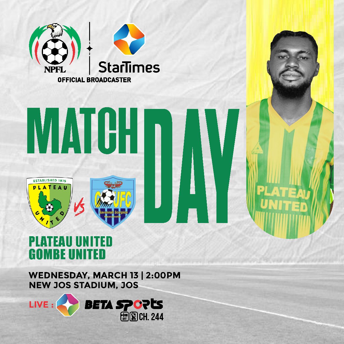 Don’t miss the NPFL today as Plateau United hosts Gombe United at 2pm, on Beta Sports.

Catch all the action exclusively on #StarTimesSports

#PlateauUnited #gombeUnited #NPFL24 #NPFL #BetaSports