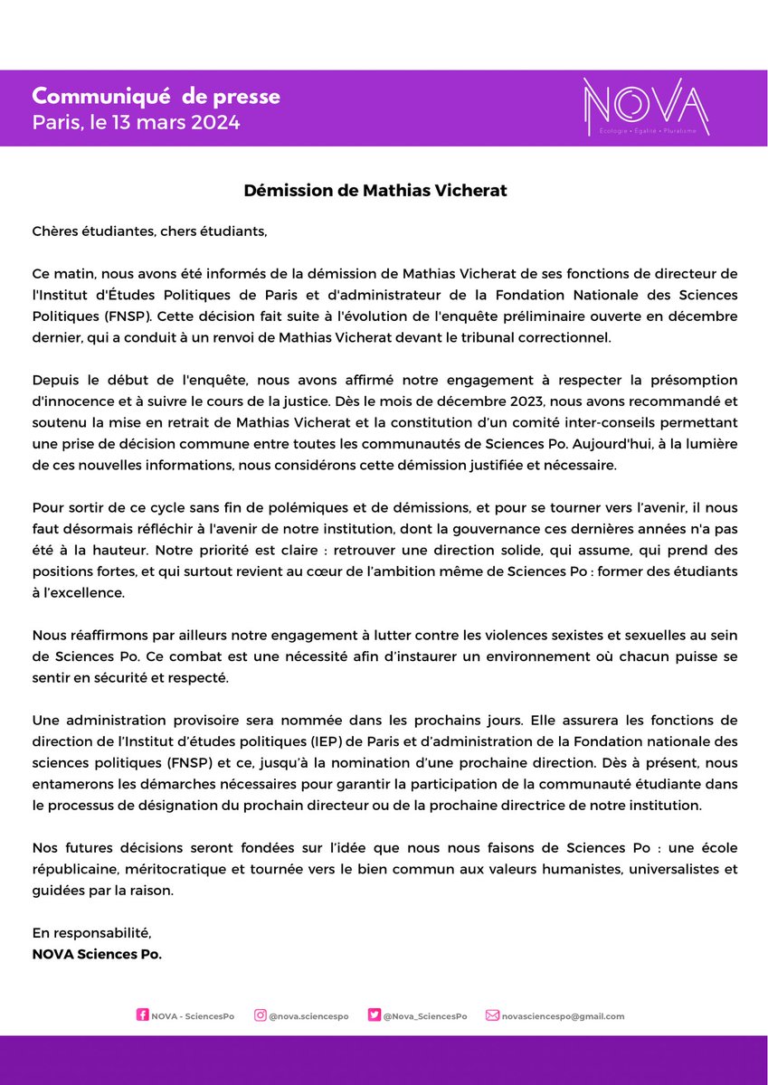 Suite à la démission de Mathias Vicherat, retrouvez notre réaction.

À Nova, nous continuerons de militer pour retrouver une direction solide et une stabilité de long terme pour l’institution.