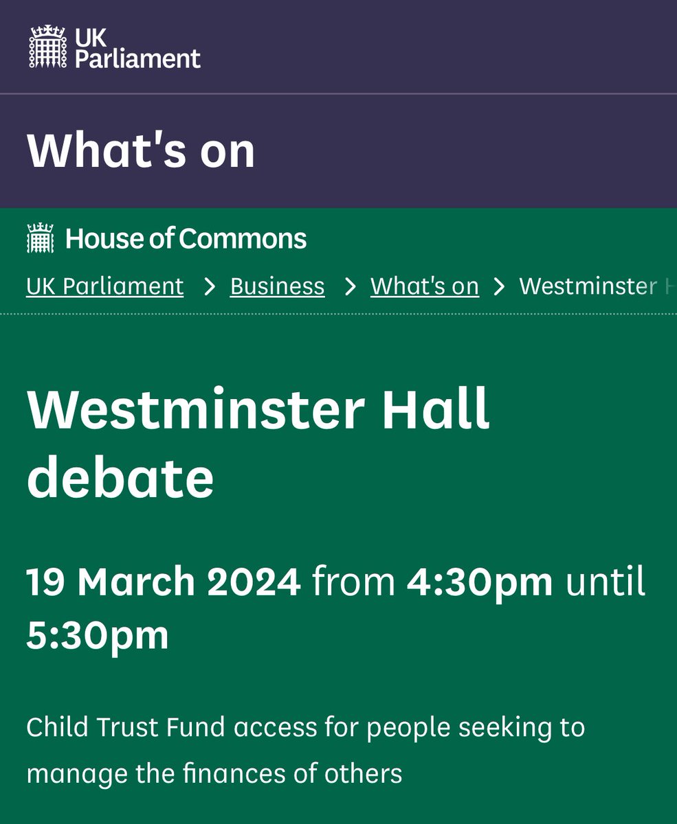 BREAKING NEWS: the Child Trust Fund issue will be debated in parliament on Tuesday 19th March. 

80,000 disabled young people and their families face a daunting and expensive court process just to access a £2k savings account.  They will lose over £210m of their own savings