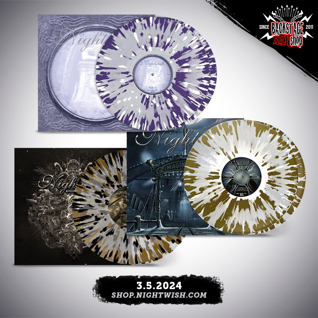 Starting today, you can pre-order limited edition vinyls of 'Endless Forms Most Beautiful,' 'Imaginaerum,' and 'Once' in unique splatter designs. Don't miss your chance to add these special editions to your collection. Order now at shop.nightwish.com! Out on May 3rd, 2024!