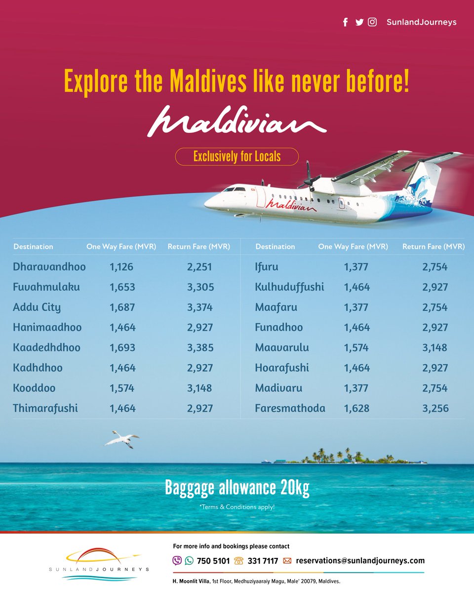Embark on your journey around Maldives seamlessly by booking Maldivian flights through Sunland Journeys! ✨

For reservations: 
☎ +960 7505101
📧 reservations@sunlandjourneys.com
🌎 sunlandjourneys.com
.
.
.
#DiscovertheMaldives #Maldivian #LocalOffer  #Sunlandjourneys