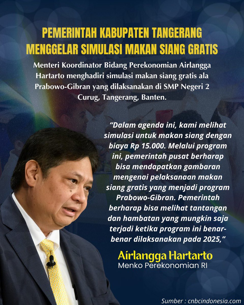 Kab. Tangerang menjadi yg pertama merasakan simulasi makan siang gratis nih ala Prabowo-Gibran menunya beraneka macam mulai dari gado-gado hingga ayam goreng dengan biayanya kira2 15rb. 

Gibran Berani 
#GemoySamsul UNIQLO Prabowo-Gibran SEVENTEEN