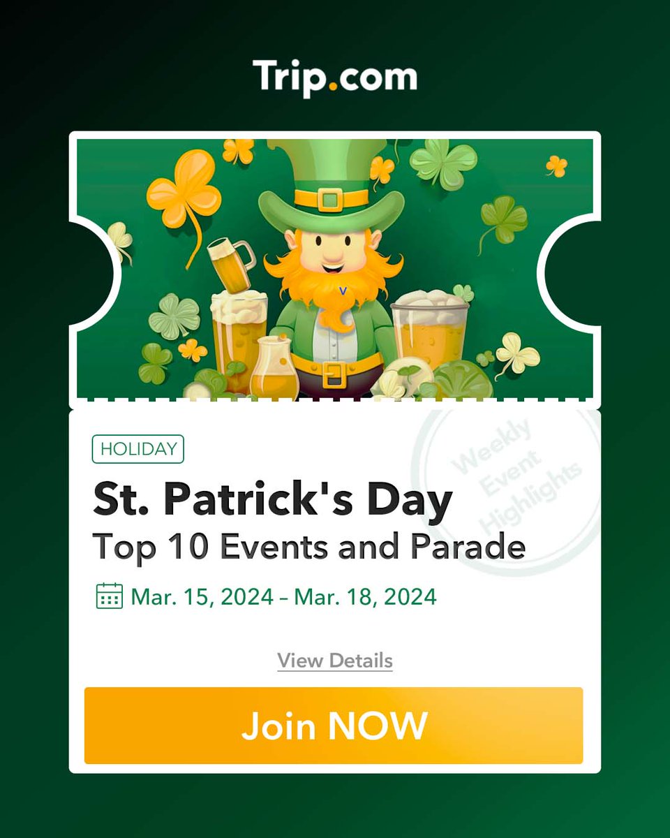 💚St. Patrick's Day is just around the corner! Ready to go green and celebrate? Check out the events NOW at trip.com/w/stpatrickstw Whether the parade or step shows, who knows, maybe you'll find a pot of gold at the end of the rainbow this year! 🍯🌟