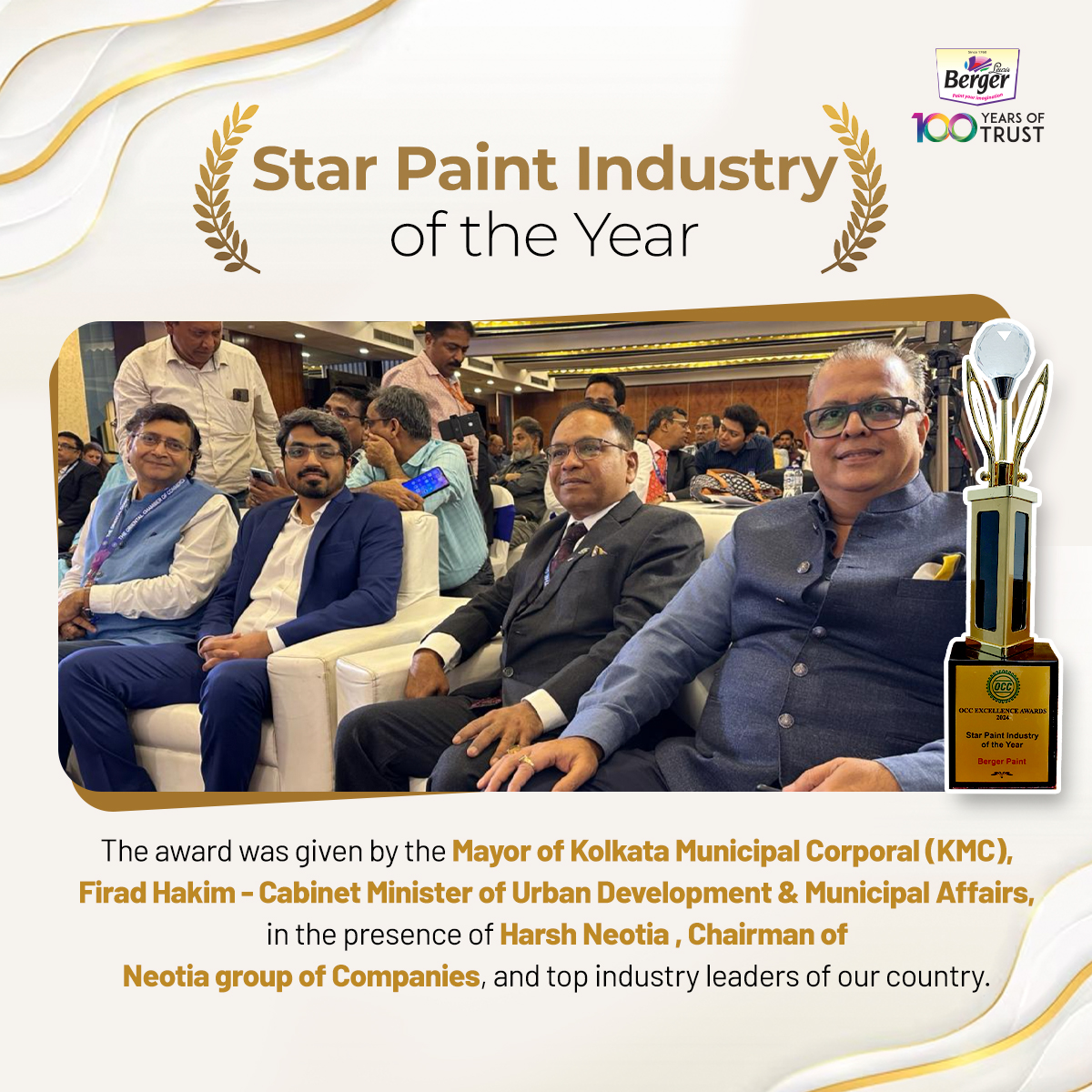 Berger Paints is proud to announce that Mr. Sanjay Choudhary, VP & Business Head (Berger Protecton) has been felicitated with the OCC excellence award 2024! The award recognised him as the 'Industry Star' in the paint industry for his outstanding achievement and contributions to