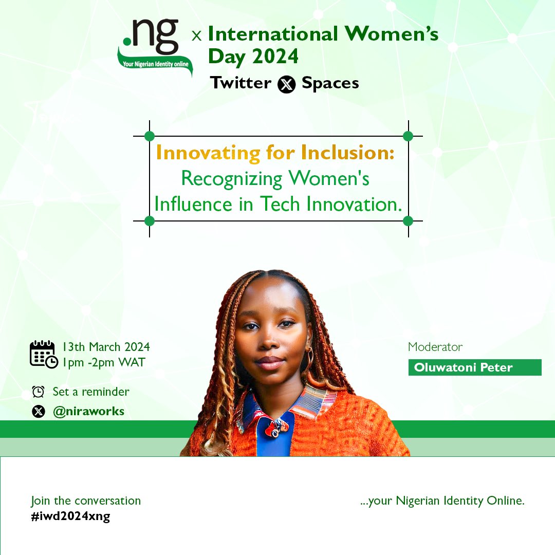 NiRA (@niraworks) on Twitter photo Join our #IWD2024 Twitter Spaces today at 1pm WAT as Oluwatoni Peter (<a href="/idesigncontent/">ToniTonz 👩🏾💻</a>) leads the conversation on how far we are from achieving an inclusive tech industry for women, and what small steps can bridge the gap and foster progress.
x.com/i/spaces/1MYxN…
#ngXIWD2024 Join our #IWD2024 Twitter Spaces today at 1pm WAT as Oluwatoni Peter (<a href="/idesigncontent/">ToniTonz 👩🏾💻</a>) leads the conversation on how far we are from achieving an inclusive tech industry for women, and what small steps can bridge the gap and foster progress.
x.com/i/spaces/1MYxN…
#ngXIWD2024
