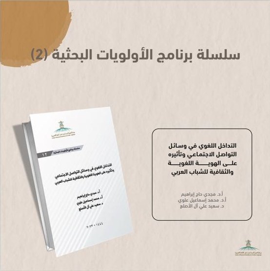 من إصدارات مركز التميز البحثي في اللغة العربية كتاب:
"التداخل اللغوي في وسائل التواصل الاجتماعي وتأثيره على الهوية اللغوية والثقافية للشباب العربي"