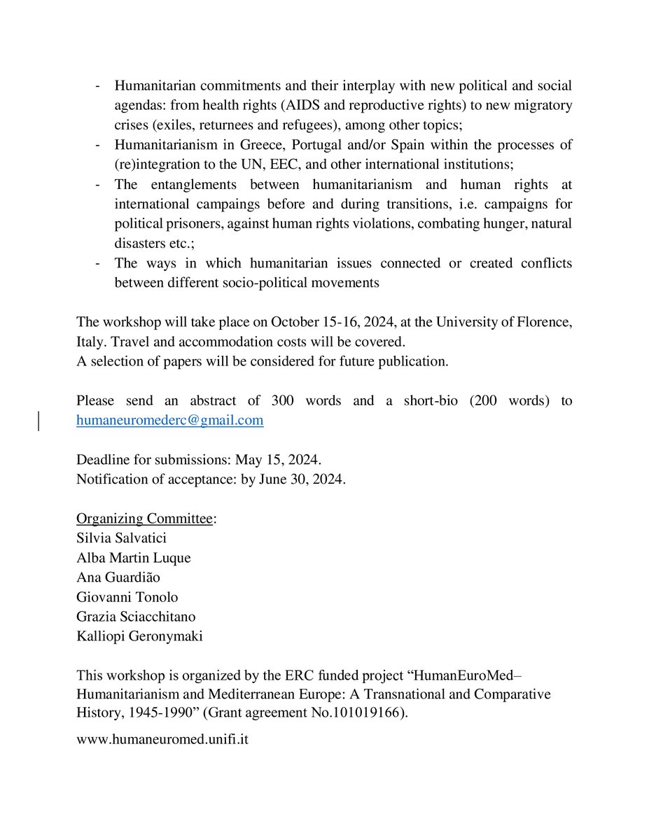 On the anniversary of 50 years from the end of authoritarian regimes in Greece, Portugal, and Spain... The <a href="/HumaneuromedErc/">HumanEuroMed_ERC</a> team is organizing a new #Workshop on #democracy and #humanitarianism! 
Check the Call for Papers and send your abstract by May 15! 

#tweetstorians