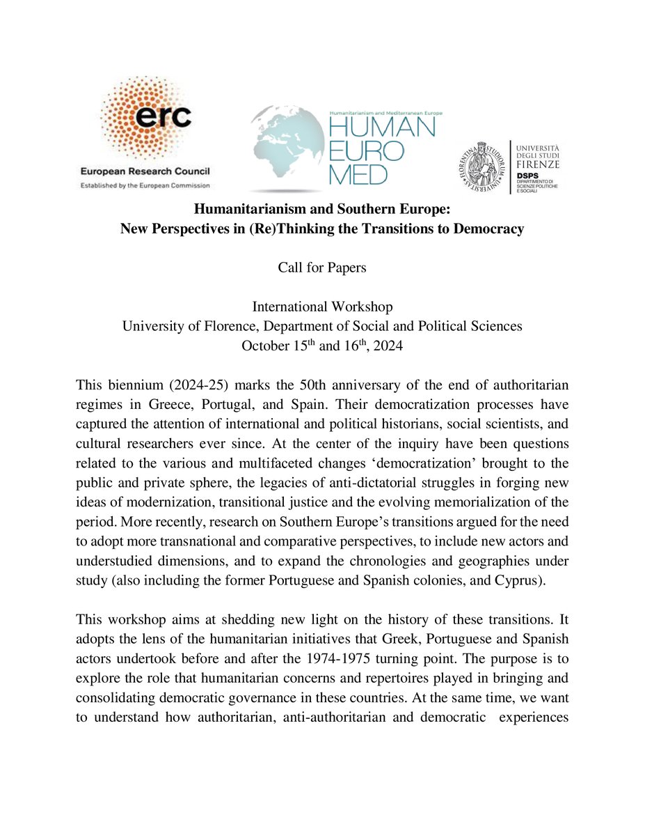 HumaneuromedErc's tweet photo. On the anniversary of 50 years from the end of authoritarian regimes in Greece, Portugal, and Spain... The @HumaneuromedErc team is organizing a new #Workshop on #democracy and #humanitarianism! 
Check the Call for Papers and send your abstract by May 15! 

#tweetstorians https://t.co/fgbxehz5si
