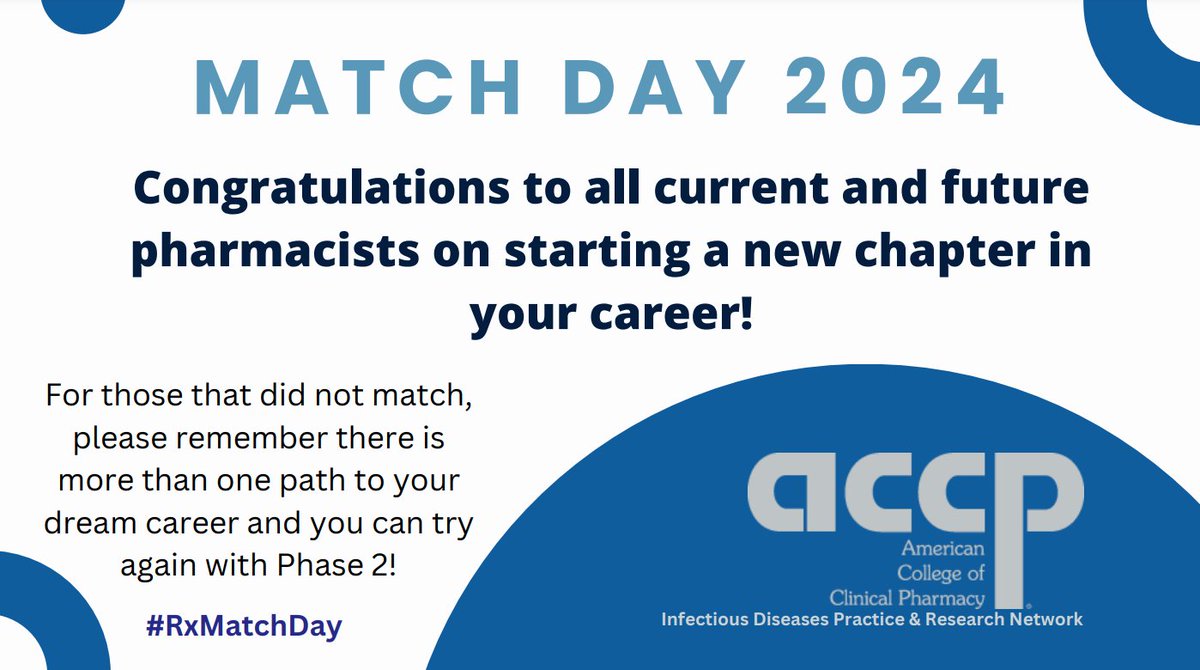 ACCP INFD PRN (@accpinfdprn) on Twitter photo Happy Match Day 2024! Good luck to all!
#RxMatchDay Happy Match Day 2024! Good luck to all!
#RxMatchDay