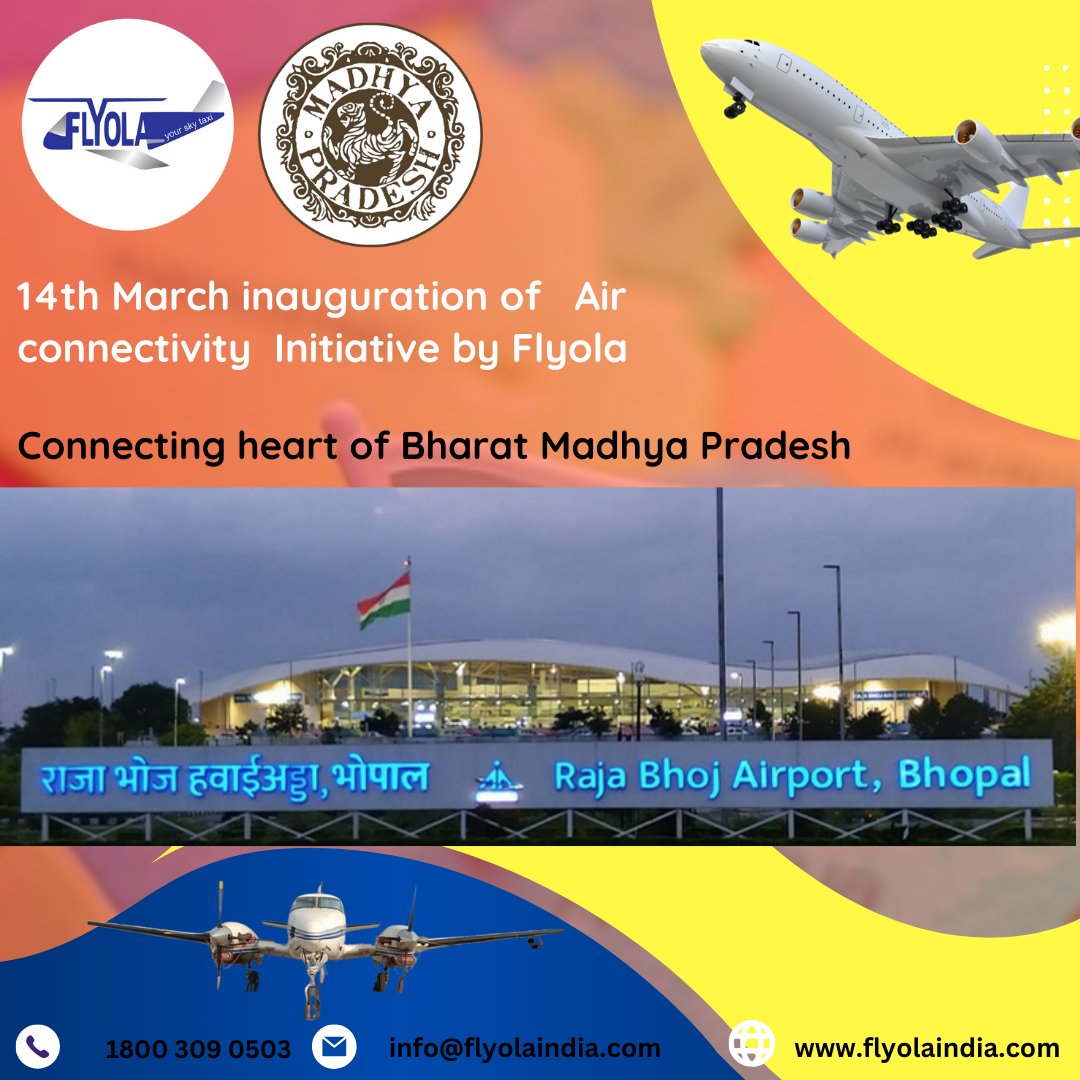 flyolaviation's tweet photo. 14th March inauguration of Air connectivity Initiative by Flyola
Connecting heart of Bharat Madhya Pradesh
Visit- https://t.co/omgA238jJ4
#FlyolaIndia #indore #gwalior #khajuraho #ujjain #rewa #pachmarhi #datia #jabalpur
#regionaldevelopment #DilSeDilKiYatra #Inauguration #Bhopal https://t.co/hmkdbETKuP