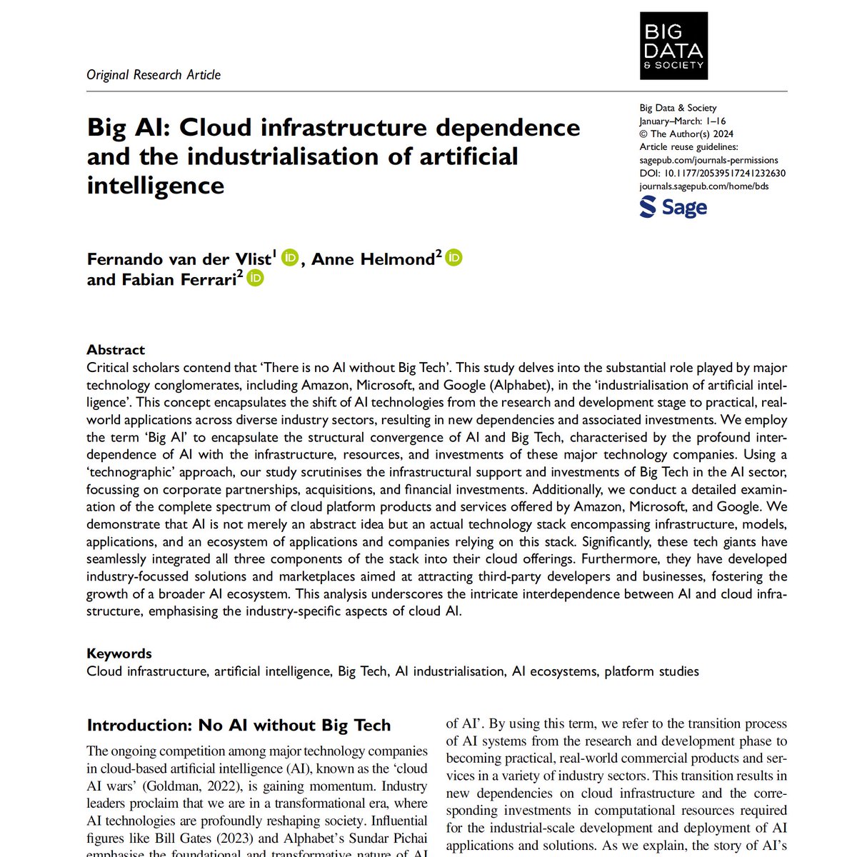 Our new article on 'Big AI: Cloud Infrastructure and the Industrialisation of AI' w/@fvandervlist & @fabianlferrari on the convergence of AI and Big Tech (‘Big AI’), and AI’s ‘industrialization’ – its pervasive expansion and integration across industries. doi.org/10.1177/205395…