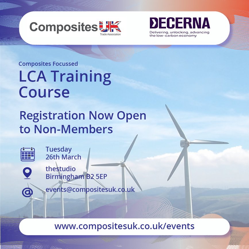 📣 We are delighted to now open registrations to all & invite anyone wanting to learn more about LCA to join us on this fantastic course Register Now! More details here: compositesuk.co.uk/events/composi… Date: Tuesday 26th March Venue: theStudio, Birmingham