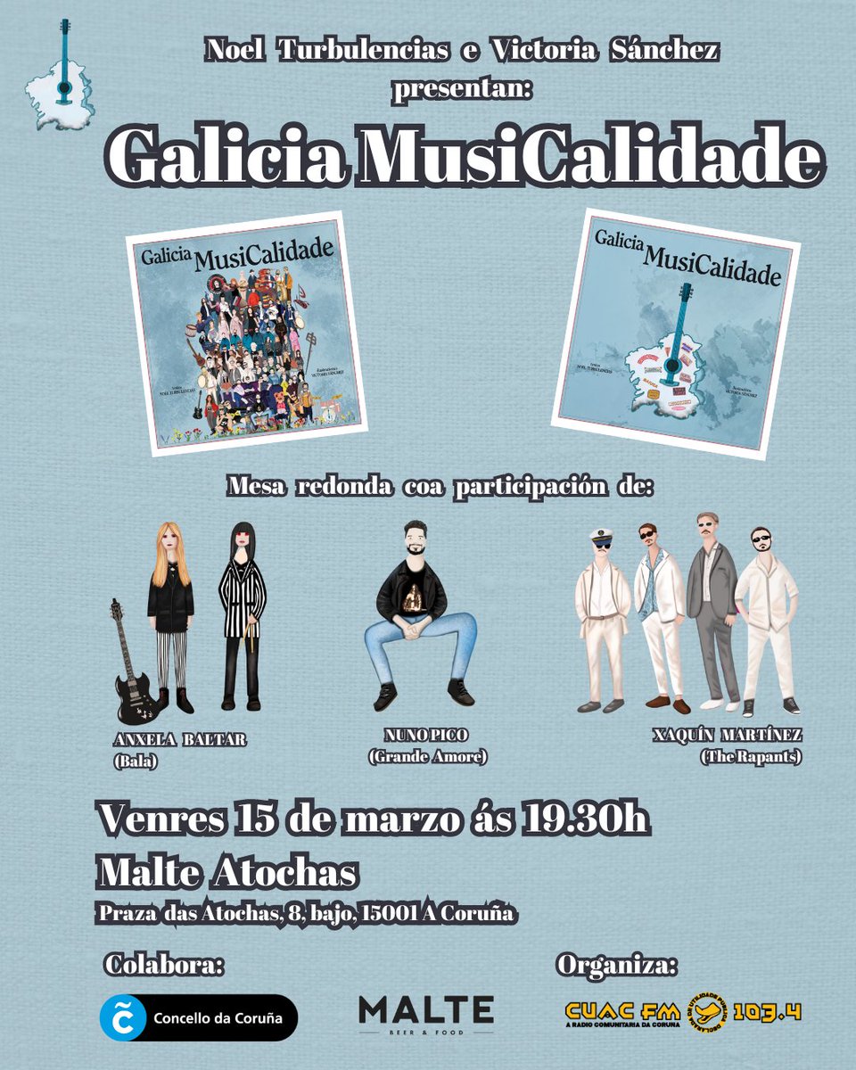 silcerino's tweet photo. #Coruña | El próximo viernes 15 de marzo, a las 19h30 en MALTE Atochas, tendrá lugar la presentación del libro ilustrado #GaliciaMusiCalidade 🎶 de @NoelTurbulencia y @marivisual.

👉 Con la presencia de artistas como GRANDE AMORE, BALA o THE RAPANTS

➡ https://t.co/mAclfgnufy https://t.co/mL34JobqUd