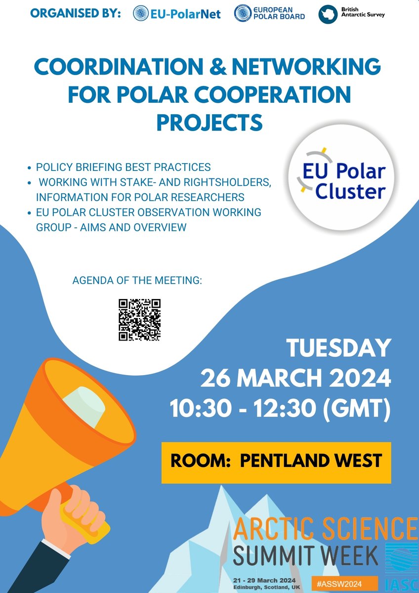 ℹ️ Join us at the #ASSW2024 in Edinburgh for the @EUPolarCluster session 'Coordination and networking for Polar cooperation projects'! 📅 26 Mar, 10:30 UTC: bit.ly/48NduWk Full ASSW2024 programme: assw.info/program