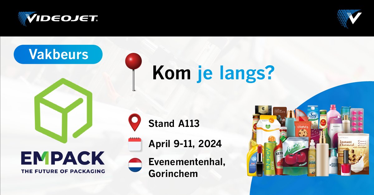 Videojet_NL's tweet photo. Bezoek de vakbeurs EMPACK in Gorinchem van 9-11 april! Kom langs bij stand A113 voor onze nieuwste productinnovaties, ontworpen om uw bedrijf te verbeteren. Gratis entree, koffie, snacks en een verrassing! Registreer nu via: https://t.co/18vihcPeky

#Empack #Videojet #Coderen https://t.co/L4WzsDekrM