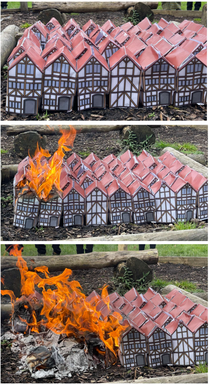 Year 2 have been looking at the Great Fire of London and explored why the fire spread so easily. It spread because the buildings were made of a wood, the houses were close and because of the strong wind. We recreated the London and set fire to one house and watched it spread.