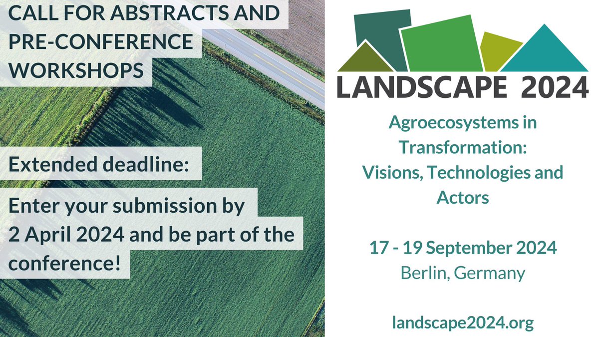 Working on sustainable solutions for #agriculture and resilient #foodsystems? 🫛🌱🔬👩‍💻
Present your research at #Landscape2024 #conference in Berlin! 
Submit your abstract or idea for a pre-conference workshop until 2 April: landscape2024.org/frontend/index
