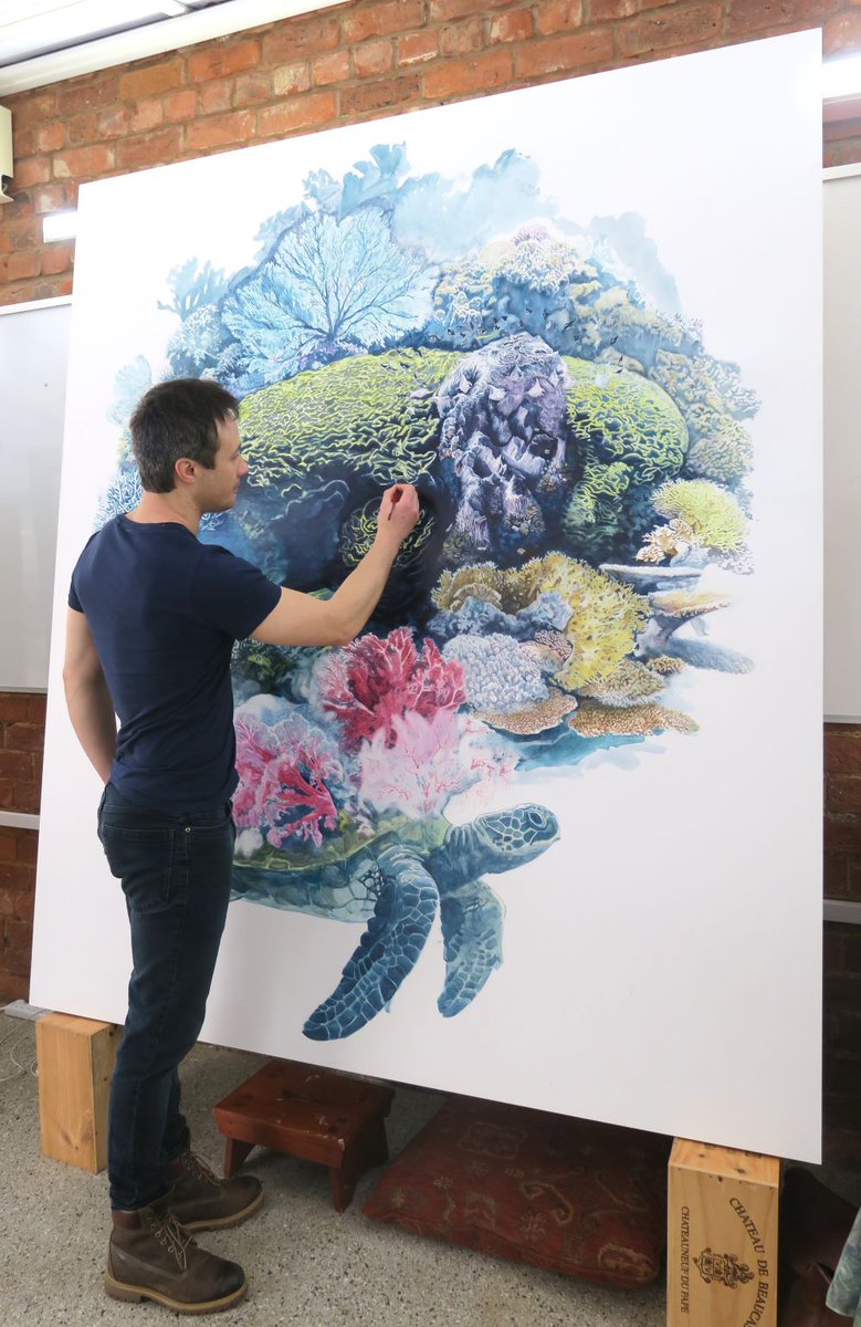 Our #artistinresidence this week is ocean wildlife artist Olivier Leger.

His intricately detailed paintings and drawings explore the wonders of life in our oceans. This week, Oli will be working on his painting 'Atlas', an enormous turtle carrying an ocean world on her back.
