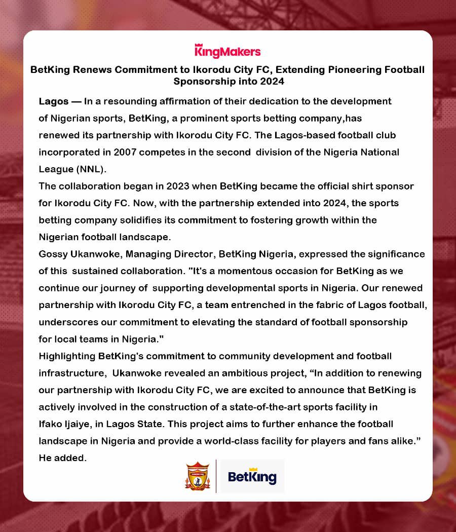 BetKing Renews Partnership with Ikorodu City FC