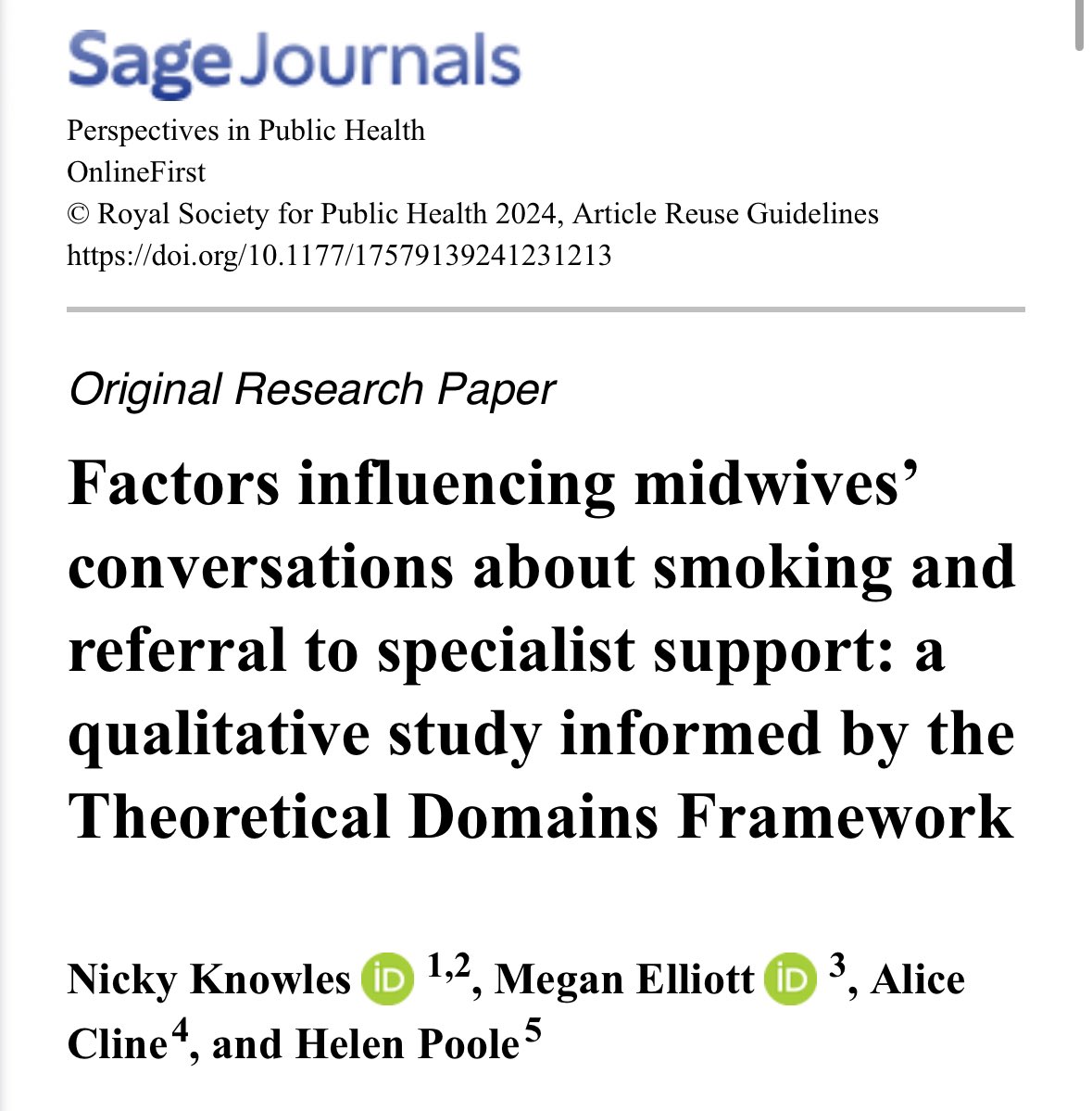 🌟NEW PUBLICATION🌟 Factors affecting #midwives conversations about #smoking &amp; referral to specialist support using the #TheoreticalDomainsFramework #TDF on #NoSmokingDay2024 <a href="/NickyJKnowles/">Nicky Knowles</a> - pubmed.ncbi.nlm.nih.gov/38379125/