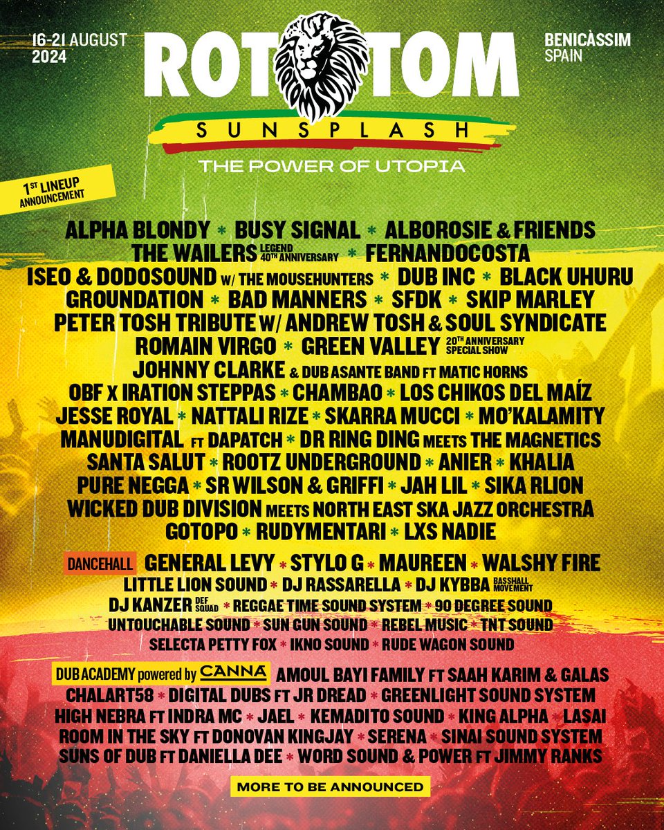 Here we go with the first #rototom #Festivals #lineup release❤️💛💚 🇯🇲We bring together almost 70 names across all the stages for our gathering of Jamaican music that will be held from 16th to 21st of August in Benicàssim Spain 🤩 Info & tickets: rototom.com