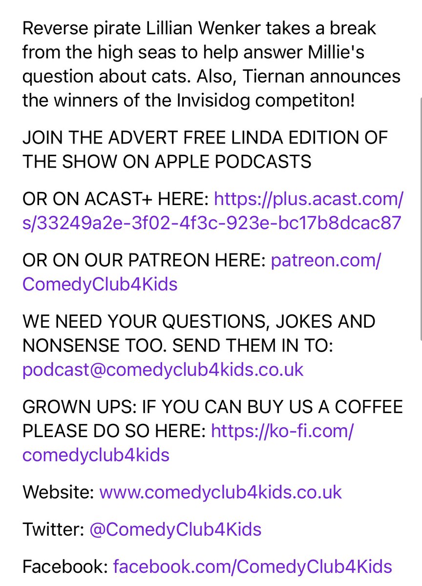 On this week’s Radio Nonsense reverse pirate Lillian Wenker helps @tiernandouieb answer a Q about cats. Plus the winners of @stuheritage’s #invisidog comp! Get your kids to listen: pod.fo/e/226895 Available @applepodcasts @spotify @amazonmusic and places podcasts live