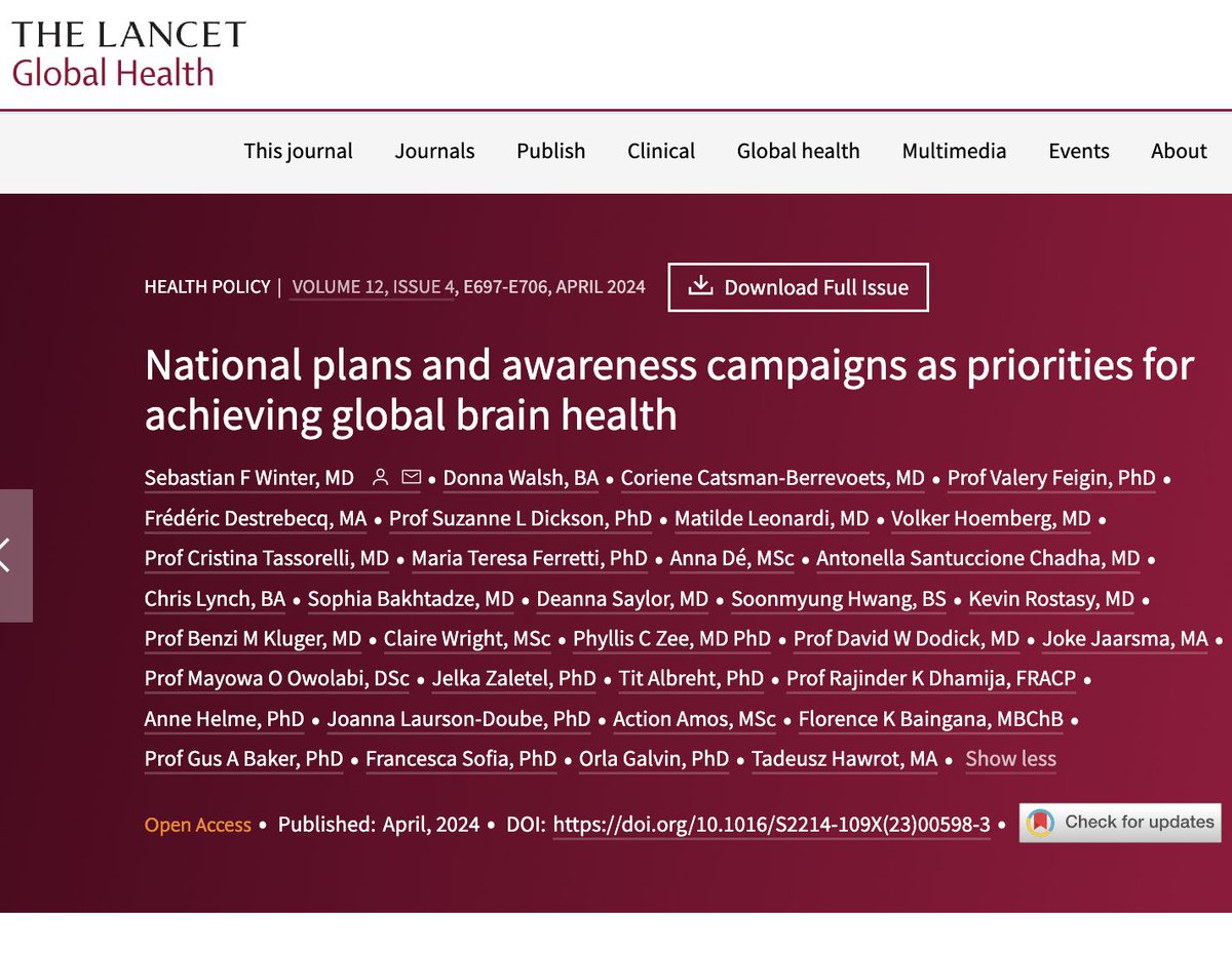 I'm delighted to be a co-author of this health policy paper @LancetGH on brain health. A special thank you to @SebastianWinter and Tadeusz Hawrot @EUneurology for their leadership. thelancet.com/journals/langl… @OneNeurology_ @womensbrainpro #BrainHealth #brainawarenessweek2024