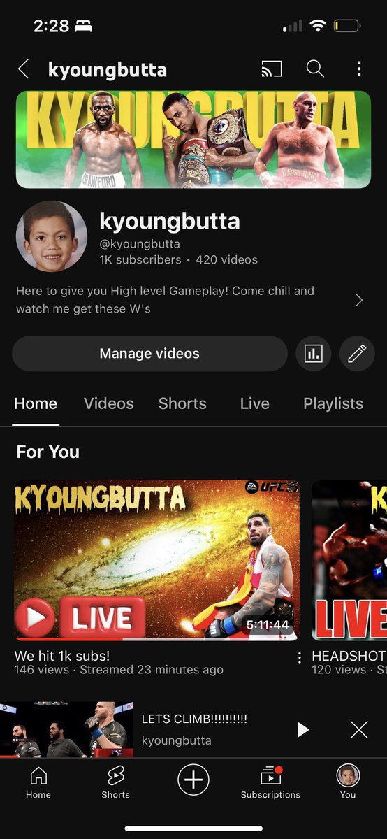 Big milestone in the kyoungbutta brand ! We hit 1k subs ! From being banned from twitch to where were at now is big . Shout out <a href="/Pryoxis/">PoseidoN🌊</a> <a href="/goat1099/">GOAT1099</a> <a href="/ARomeroXVII/">Anthony Romero</a> <a href="/AlGoody421/">Al Goodman(CoachGoody421)</a> @JayMMA4 <a href="/Darhkseid/">Darhkseid</a> <a href="/4ThaLow2/">4ThaLow -</a> <a href="/kaynlibaax/">Swiss</a> <a href="/ESFLGaming/">ESFL</a> <a href="/MellowCoffeeTV/">MellowCoffee</a>