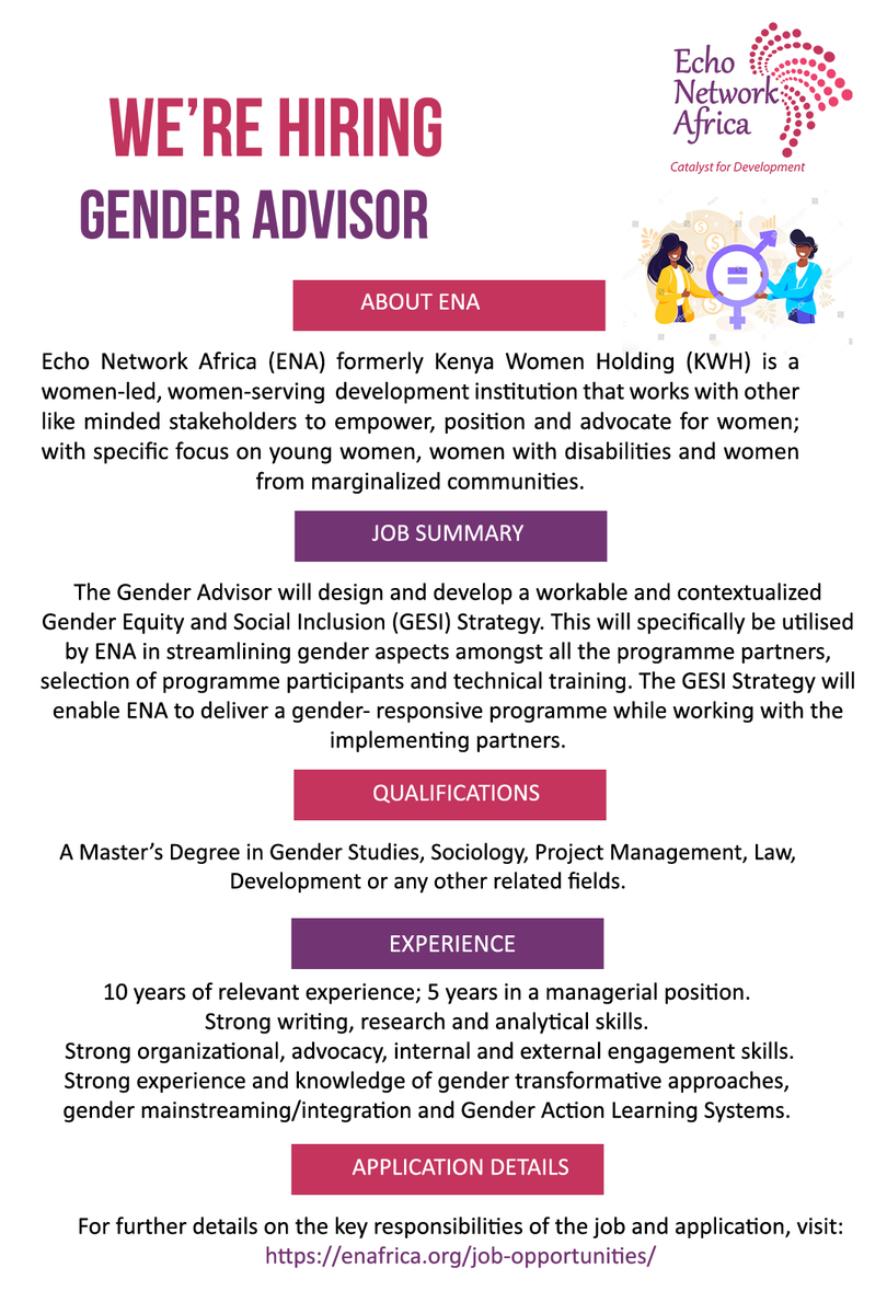 Opportunity for a Gender Expert: Please follow the link for further details. enafrica.org/job-opportunit… #JobsKenya #IkoKaziKE #GenderAdvisor #EchoNetworkAfrica