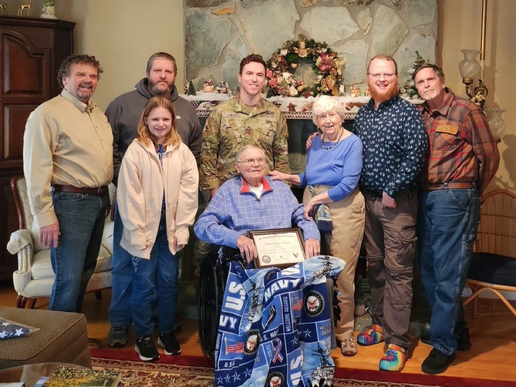 JasonPLowery_'s tweet photo. My family &amp; I were able to surprise my granddad with a Certificate of Appreciation Ceremony hosted by The Dept of Veterans Affairs for his service in the Korean War. He was a gunner on Fletcher-class destroyers who served in several combat tours between 1949-1953. https://t.co/gvsbJfU1XC